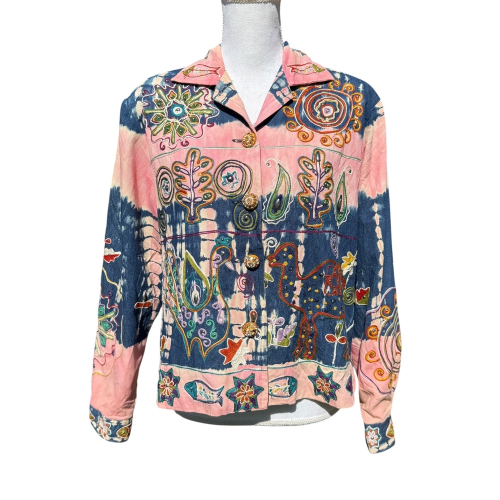 Sandy Starkman Tie Dye Embroidered Beaded‎ Denim Jacket Pink Blue Large